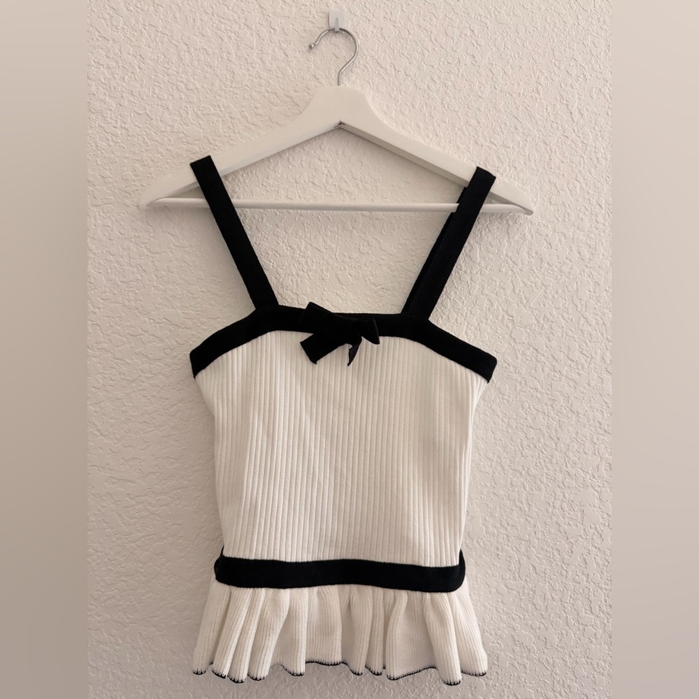 ZARA Black & White Coquette Blouse with Bow Tie Neck